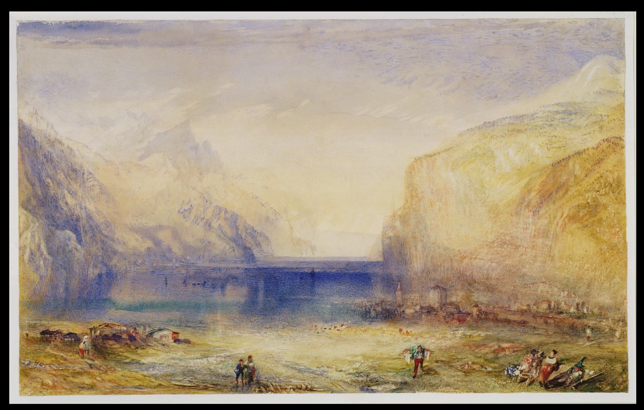Fluelen: Manhã (olhando para o lago) 1845 (wc e guache com arranhar no papel wove) de Joseph Mallord William Turner