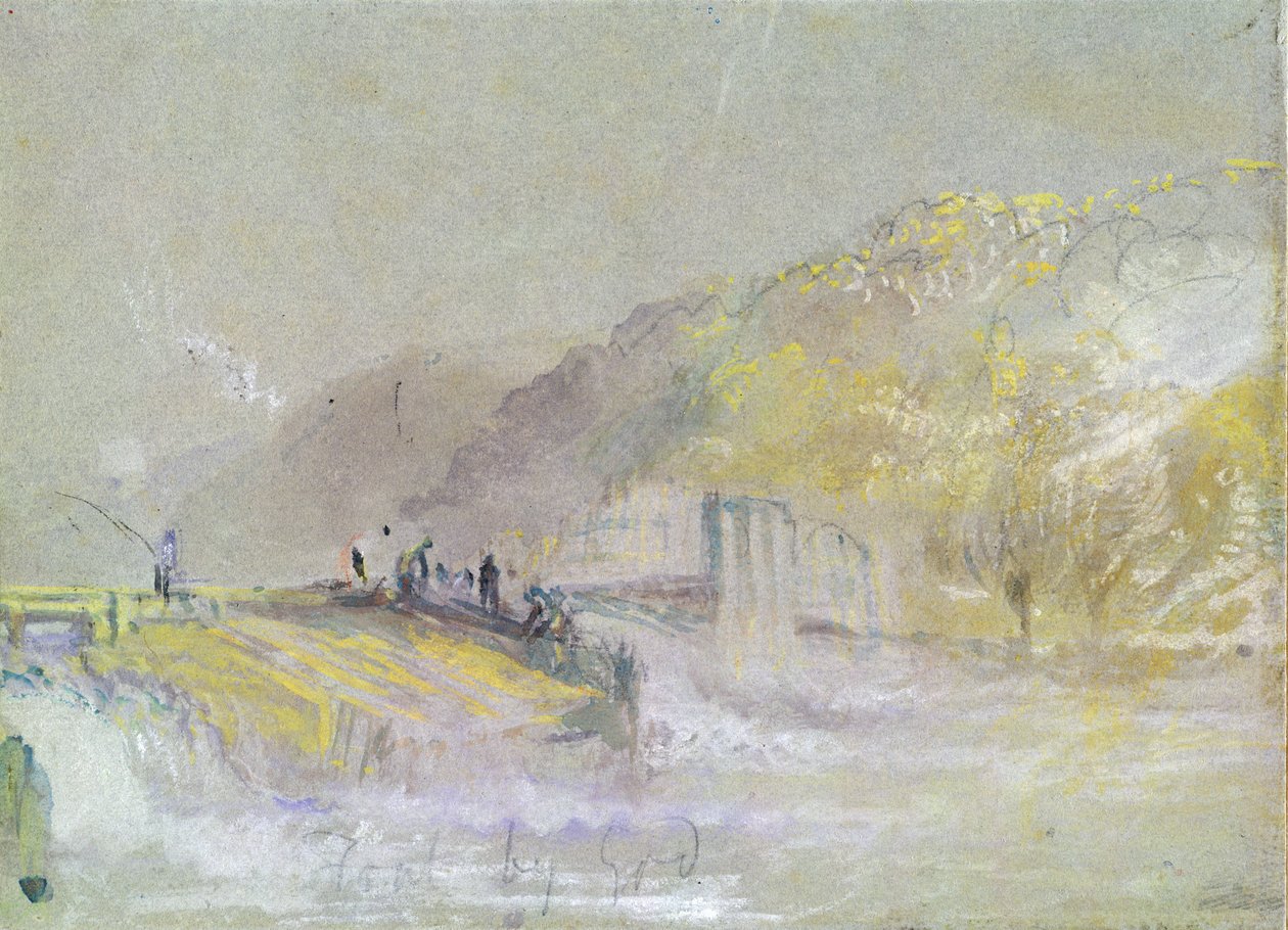 Foul by God: Paisagem Fluvial com Pescadores Pescando de um Açude, c.1830 (wc e bodycolour com lápis e giz sobre papel) de Joseph Mallord William Turner