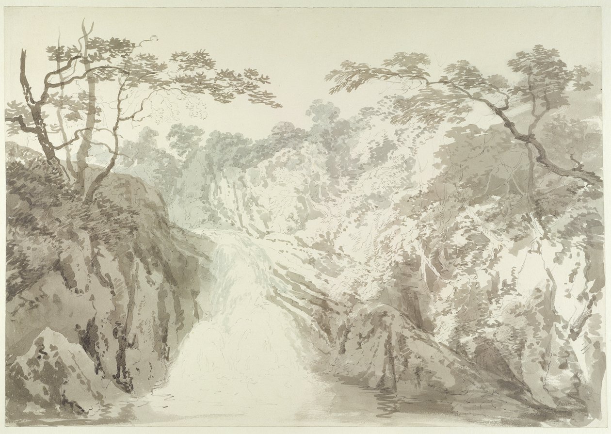 Paisagem com Cachoeira, c.1796 (grafite e lavagem em papel) de Joseph Mallord William Turner