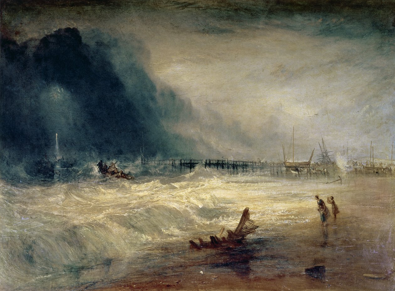 Lifeboat e Manby Apparatus indo para um navio encalhado fazendo sinal (luzes azuis) de aflição, c.1831 de Joseph Mallord William Turner