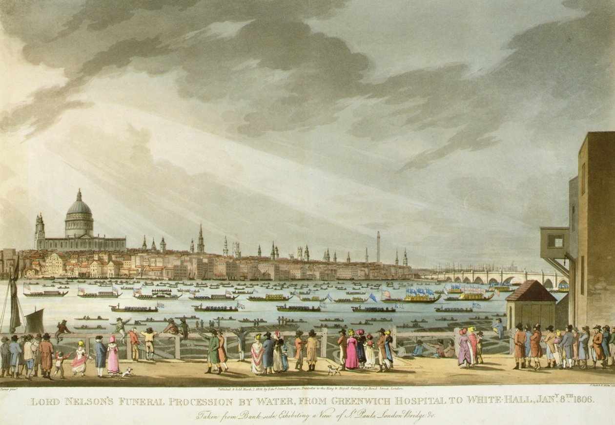 Procissão funerária de Lord Nelson pela água de Greenwich a Whitehall de "A História e a Vida Gráfica de Nelson", gravada por J. Clark e H. Marke, pub. por Orme, 1806 de Joseph Mallord William Turner