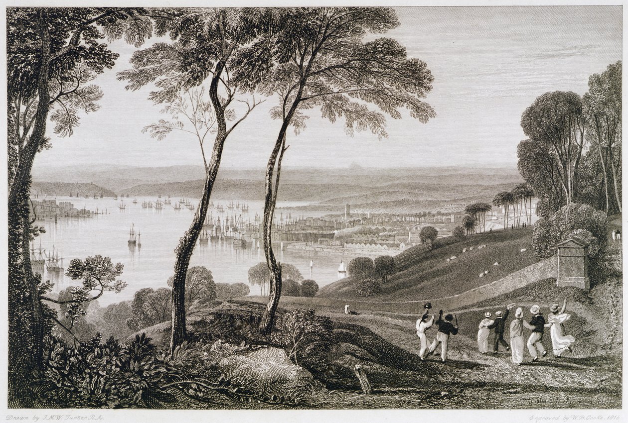 Doca de Plymouth do Monte Edgecombe, de &39;vistas pitorescas de Cooke da costa sul da Inglaterra&39; gravada por William Bernard Cooke (1778-1855) 1814-26 de Joseph Mallord William Turner