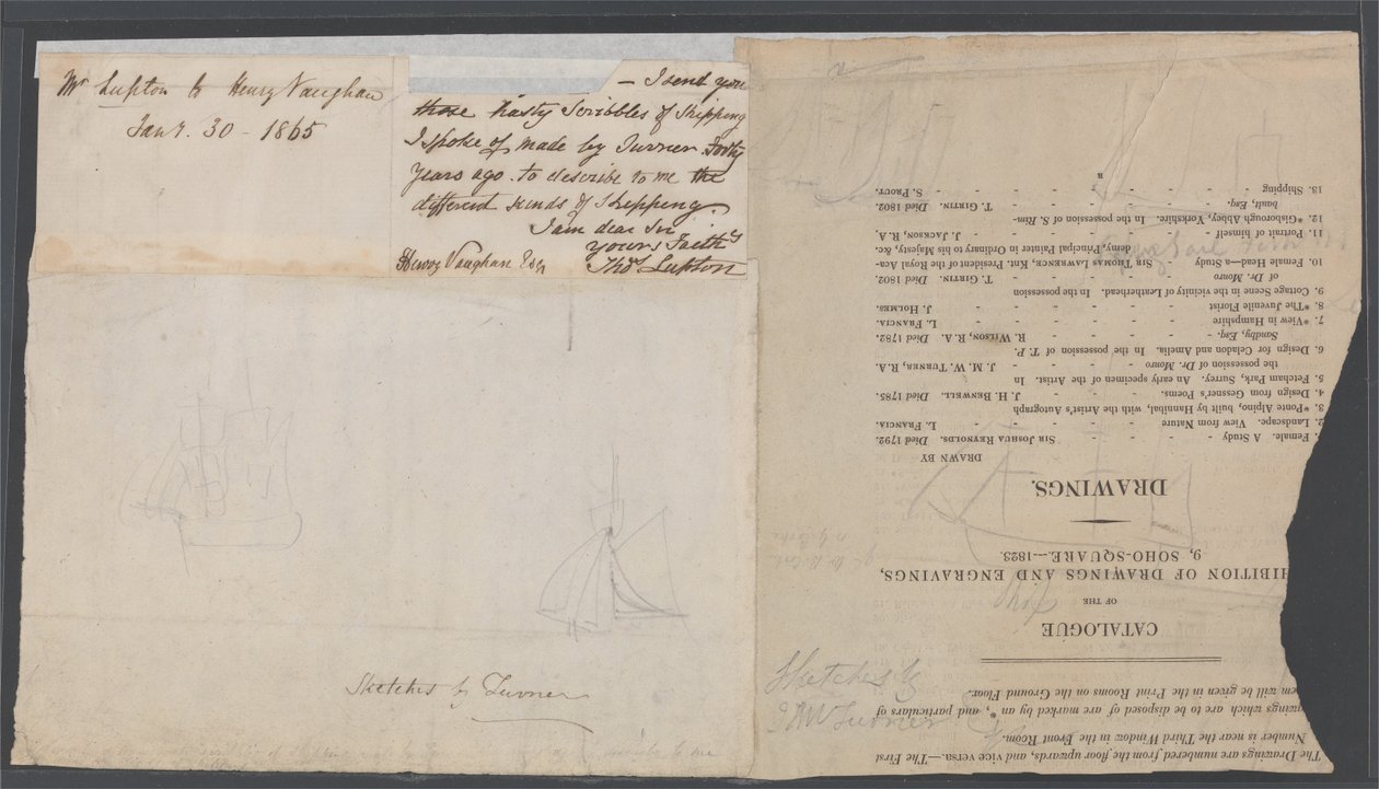 Esboço de dois navios em uma página de catálogo de Joseph Mallord William Turner