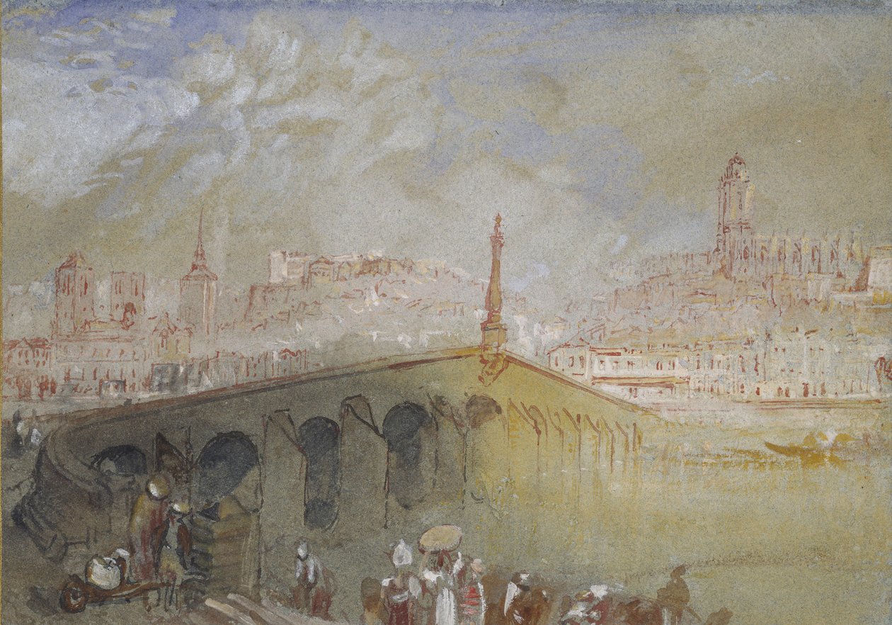 A ponte em Blois: Nevoeiro Clearing, 1826 - 1830 (aquarela com bodycolour e caneta e tinta vermelha e preta) de Joseph Mallord William Turner