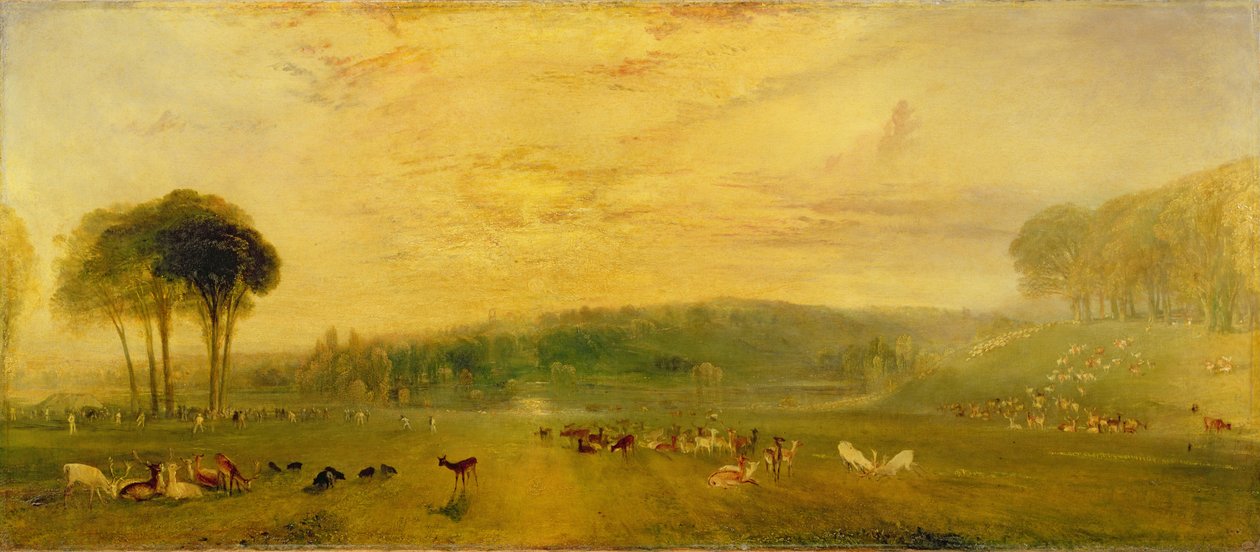 O lago, Petworth: Sunset, Fighting Bucks, cerca de 1829 de Joseph Mallord William Turner