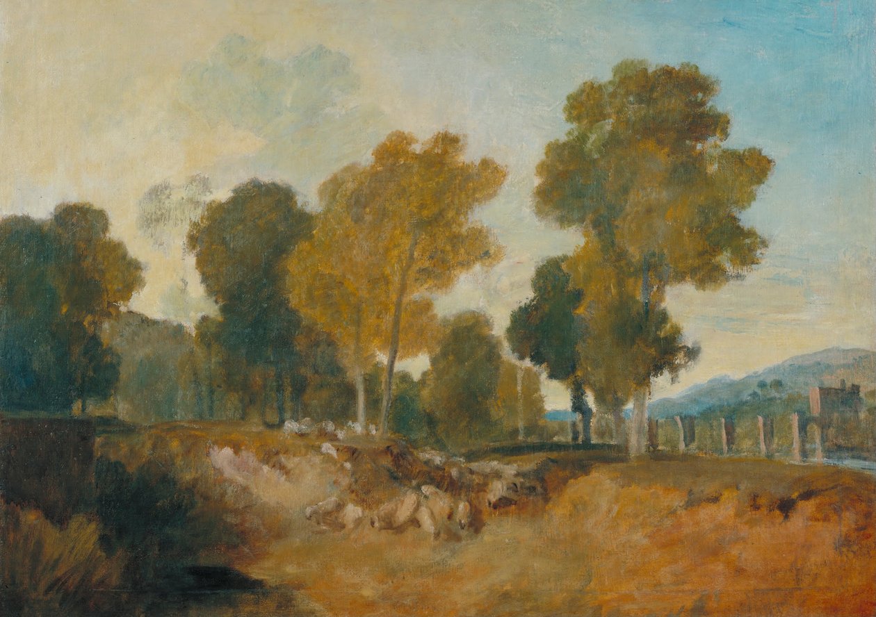 Árvores ao lado do rio, com ponte na distância média de Joseph Mallord William Turner