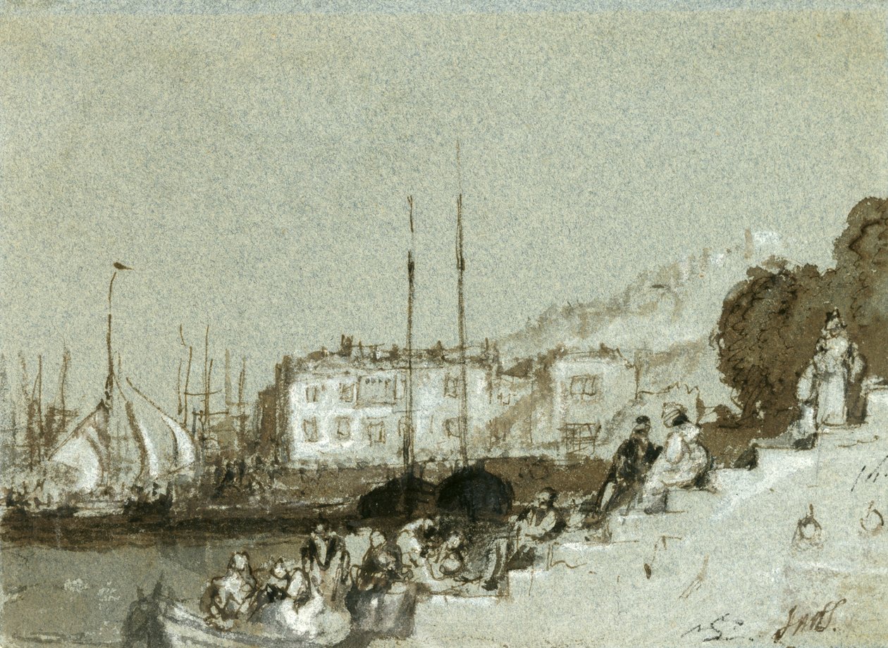 Vista, de, um, porto, leste, Cowes, ilha, de, wight, 1828, (ink, wash, &, branca, giz, ligado, azul, paper) de Joseph Mallord William Turner