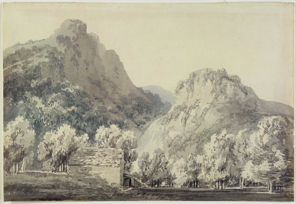 Cachoeira em Lodore, Cumberland (lavagem cinza e azul sobre grafite sobre papel) de Joseph Mallord William Turner