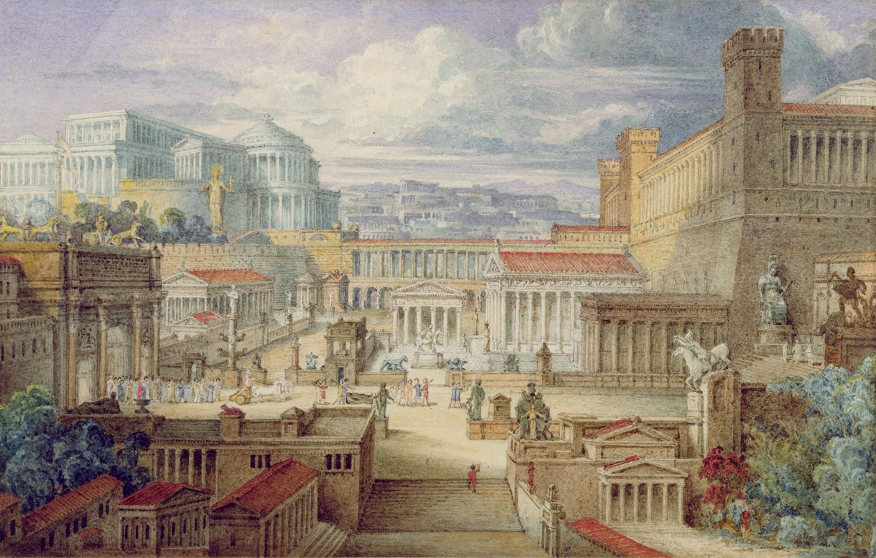 Uma cena na Roma Antiga, um cenário para Titus Andronicus, Ato I, cena 3, c.1830 (wc e guache com caneta e tinta no papel) de Joseph Michael Gandy