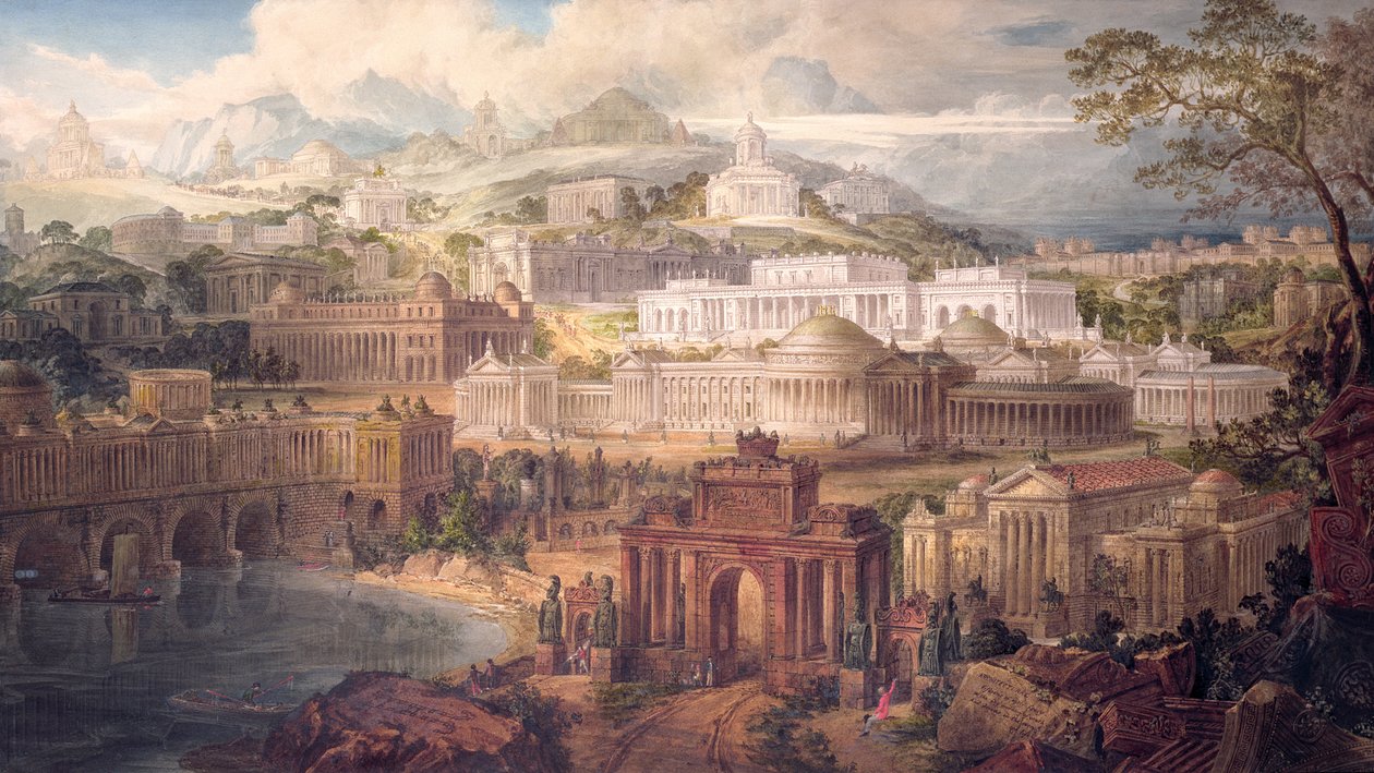 Visões Arquitetônicas do Início da Fantasia, na Manhã Gay da Juventude e Sonhos na Noite da Vida, 1820 (caneta e tinta e wc no papel) de Joseph Michael Gandy
