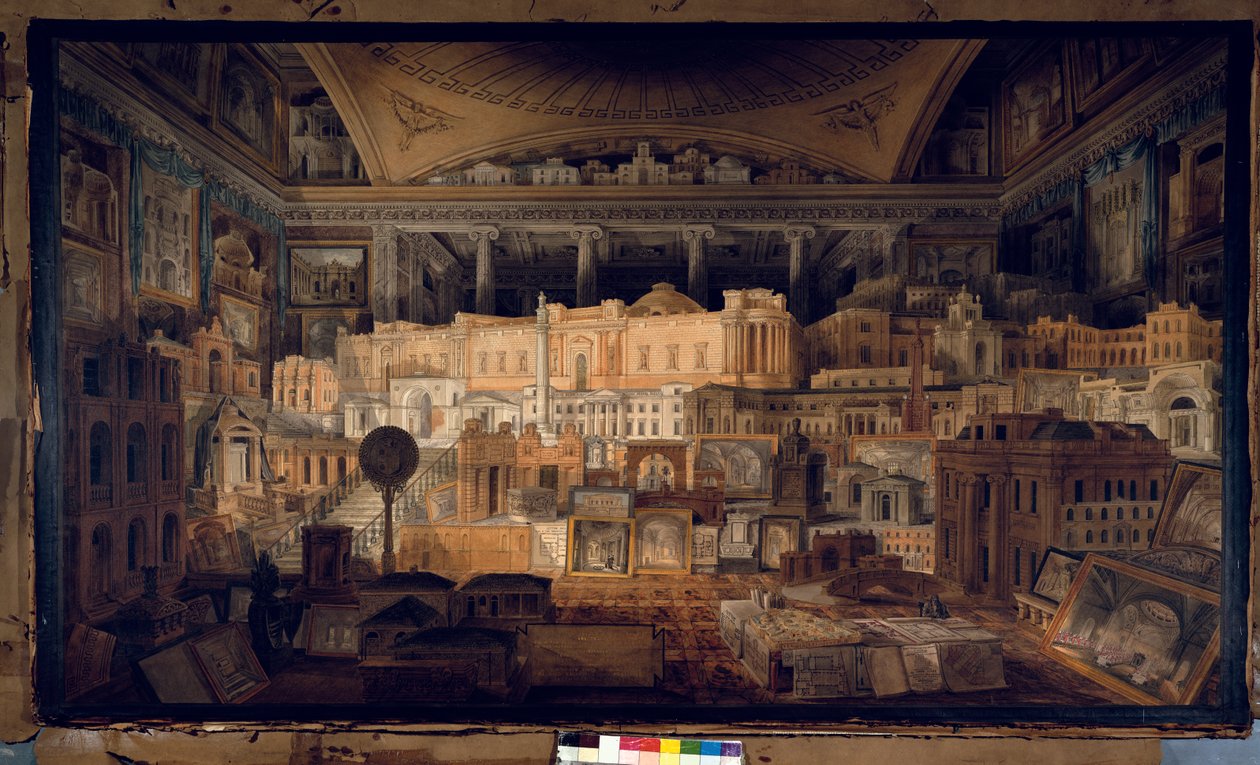 Edifícios públicos e privados executados por Sir John Soane entre 1780 e 1815, 1818 (lápis, caneta e wc no papel) de Joseph Michael Gandy