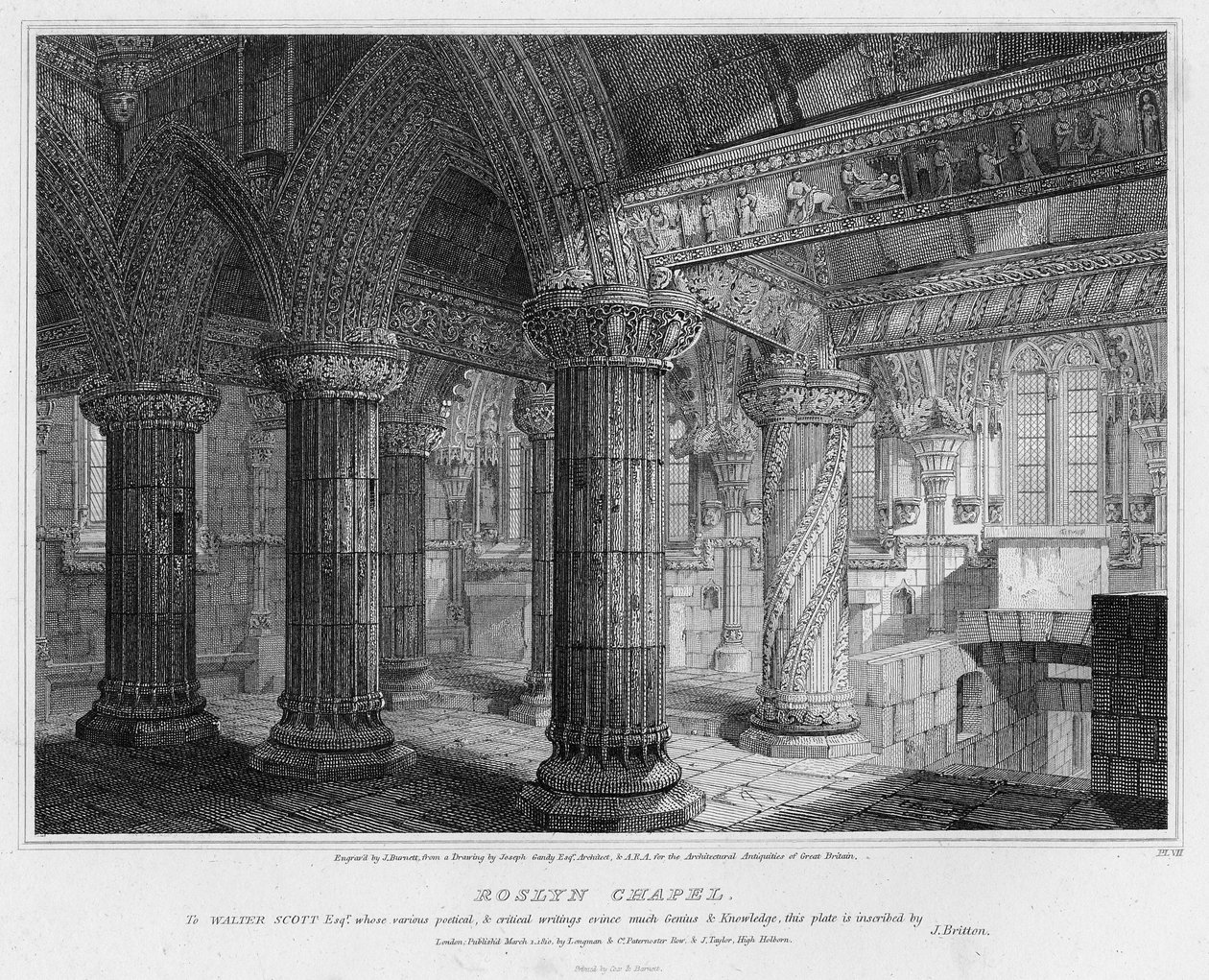 Capela de Roslyn, gravada por J. Burnett, 1810 de Joseph Michael Gandy