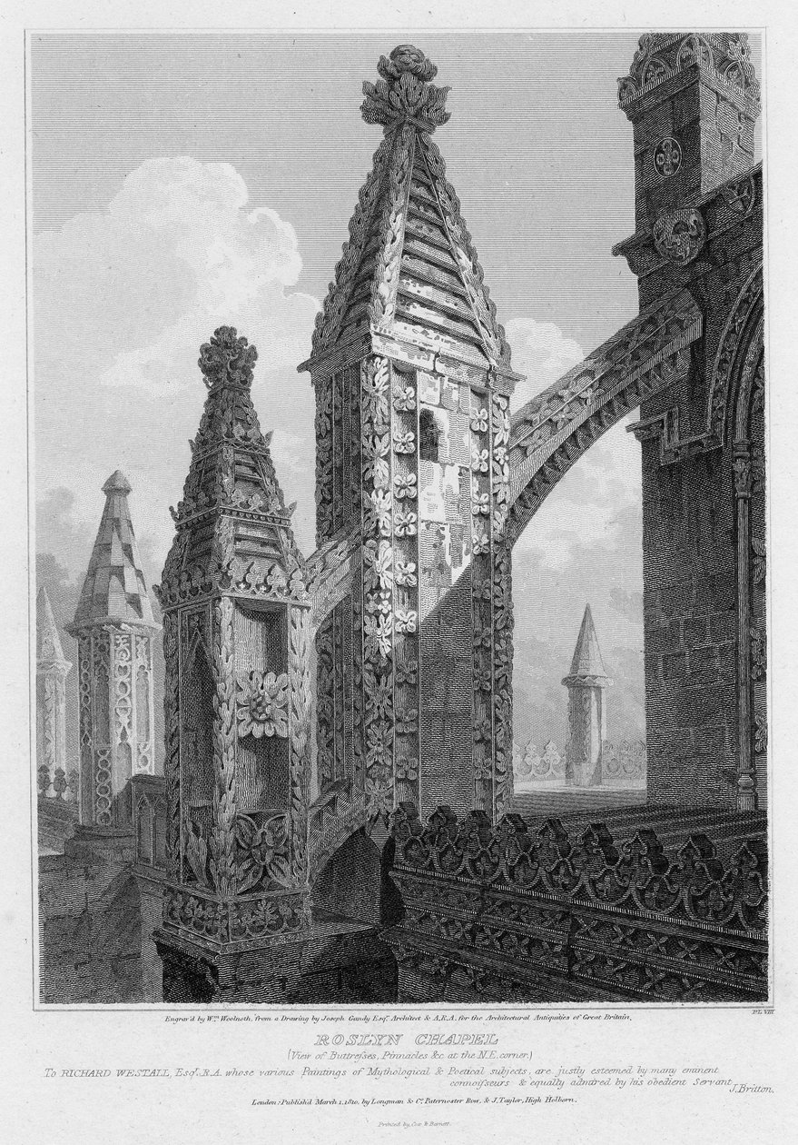 Roslyn Chapel, vista de contrafortes e pináculos no canto nordeste, gravada por William Woolnoth, 1810 de Joseph Michael Gandy
