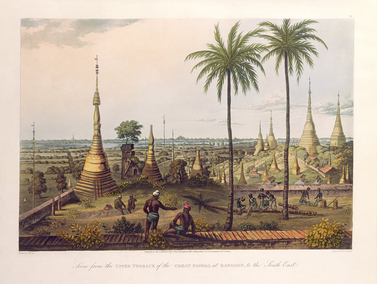 Cena do terraço superior do grande pagode em Rangoon, ao sudeste, gravado por H. Pyall, bar. por Kingsbury und Co., 1826 (aquatinta colorida) de Joseph Moore