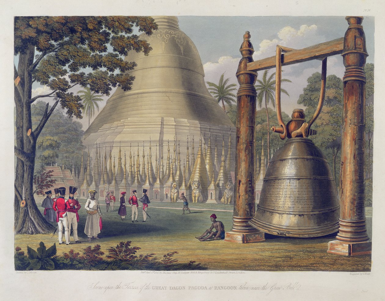 Cena, ligado, a, terraço, de, a, grande, dagon, pagode, em, rangoon, levado, perto, a, grande sino, prato, 14, de, &39;Rangoon, Views&39;, gravado, por, george, caça, 1826, (aquatint) de Joseph Moore