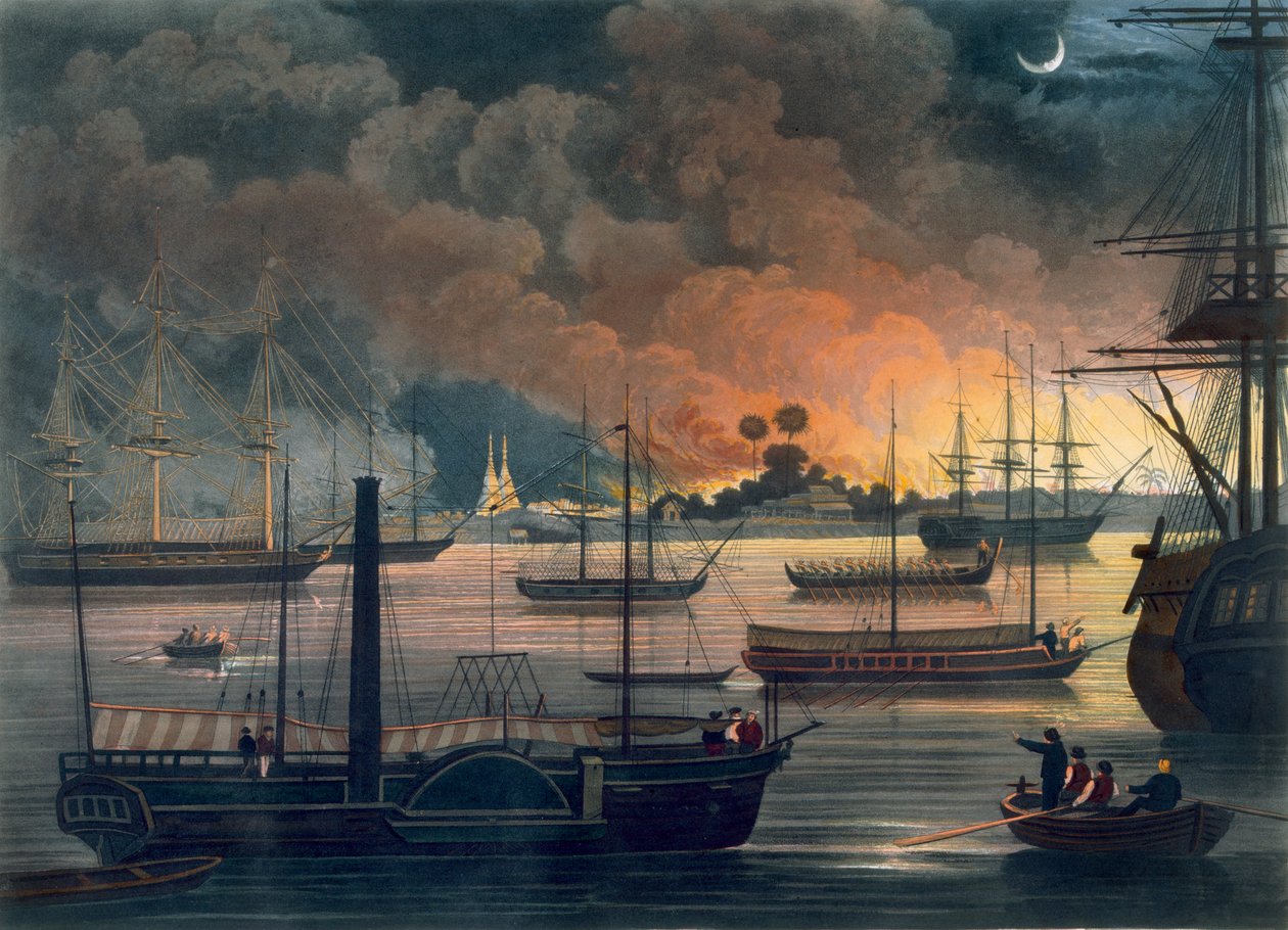 A conflagração de Dalla no rio Rangoon, prato 17 de "Rangoon Views", gravado por George Hunt, 1826 (aquatint) de Joseph Moore