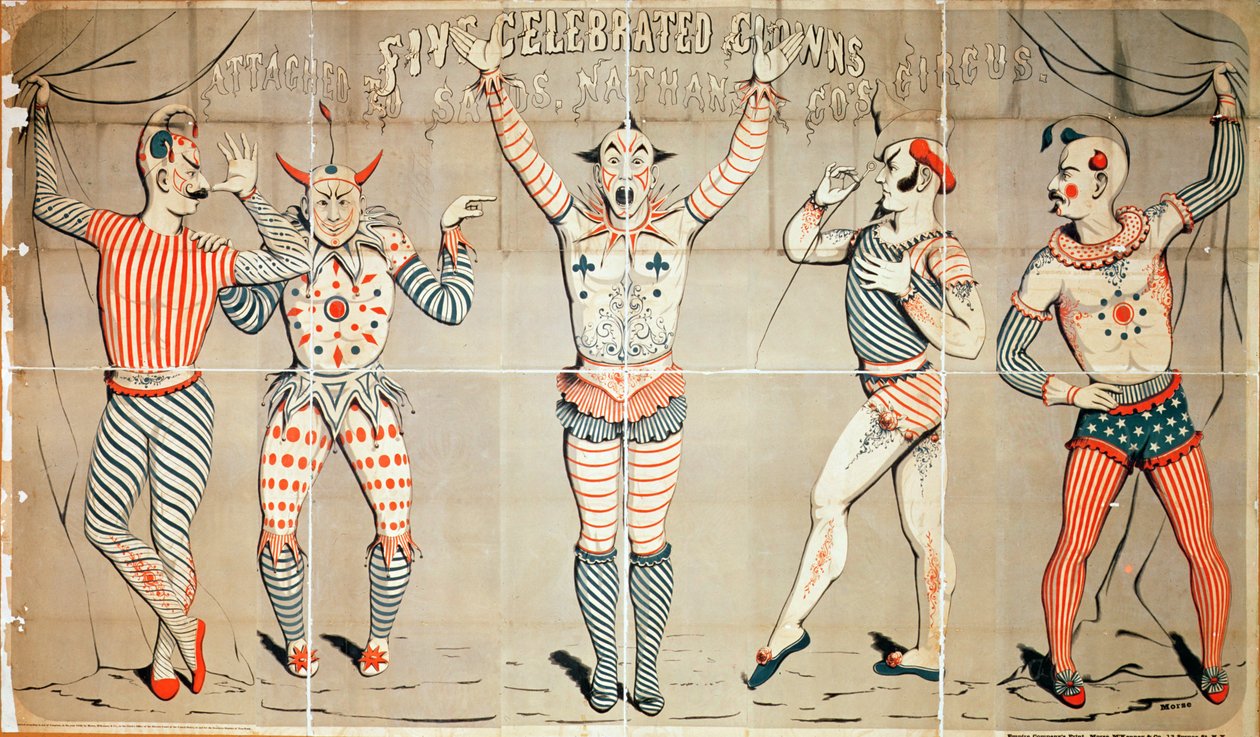 Cinco palhaços celebrados ligados a Sands, Circo de Nathan und Co., 1856 (xilogravura colorida) de Joseph Morse