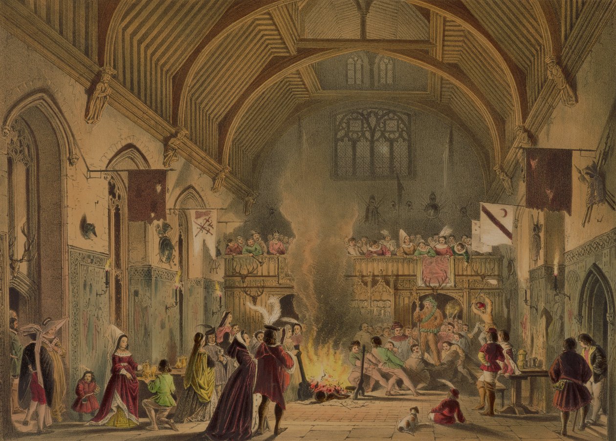 Banquete no salão baronial, Penshurst Place, Kent, de &39;Architecture in the Middle Ages&39;, 1838 de Joseph Nash