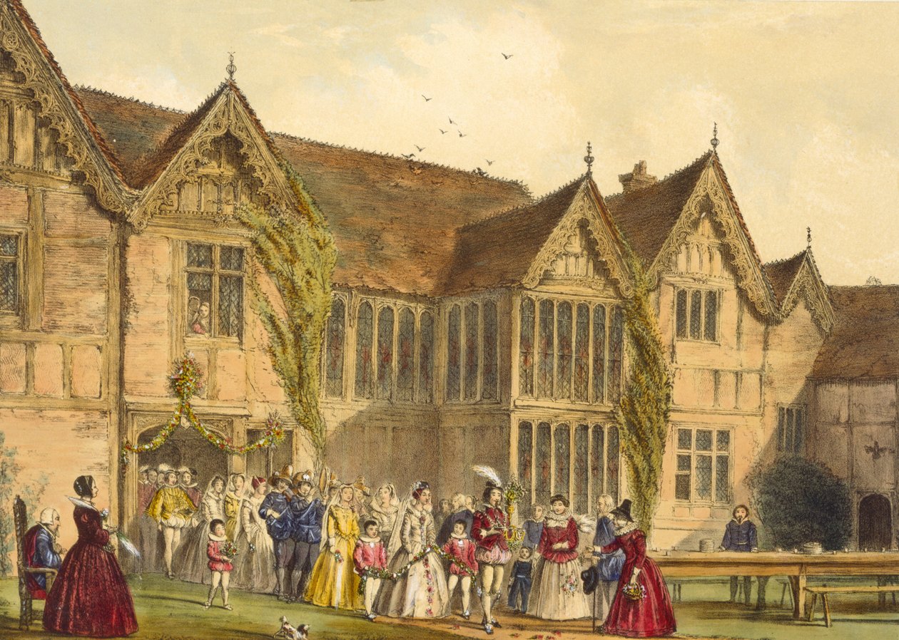 Casamento no campo, Ockwells Manor em Berkshire, c.1600, de &39;Architecture of the Middle Ages&39;, 1838 de Joseph Nash