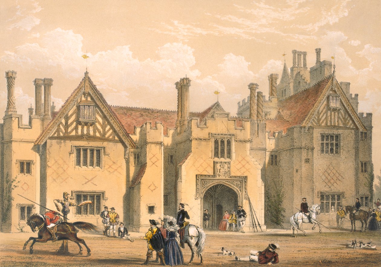 Justa prática, Compton Wynyates, Warwick, meados dos anos 1600, de "Arquitetura da Idade Média", publicado em 1838 de Joseph Nash