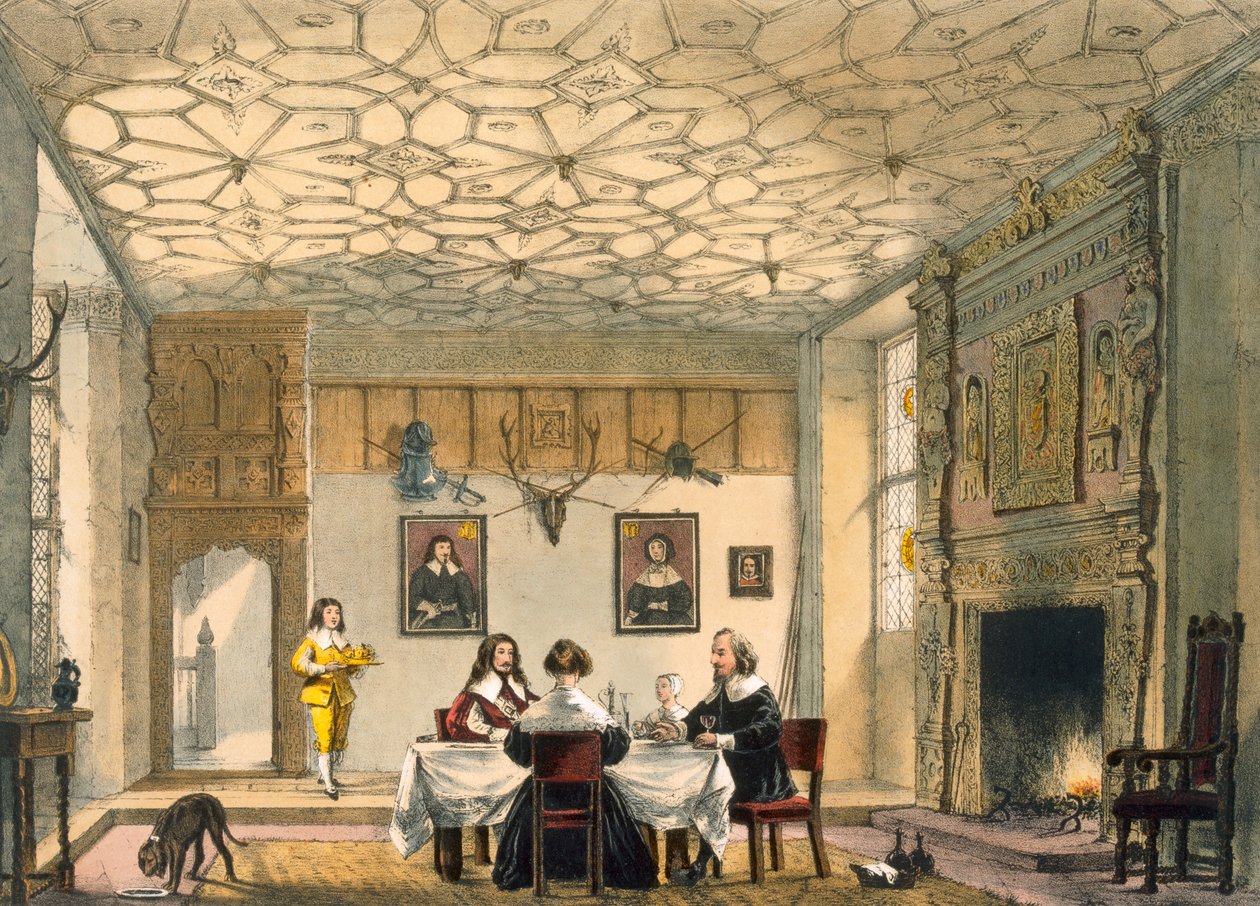 Ceia da família medieval, Wakehurst Place, Surrey, c.1600 de &39;Arquitetura da Idade Média&39;, publicado em 1838 de Joseph Nash