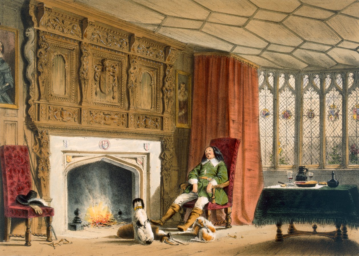 Escudeiro com seus cães na lareira, Southam Delabere, Gloucestershire, de "Arquitetura da Idade Média", publicado em 1838 de Joseph Nash