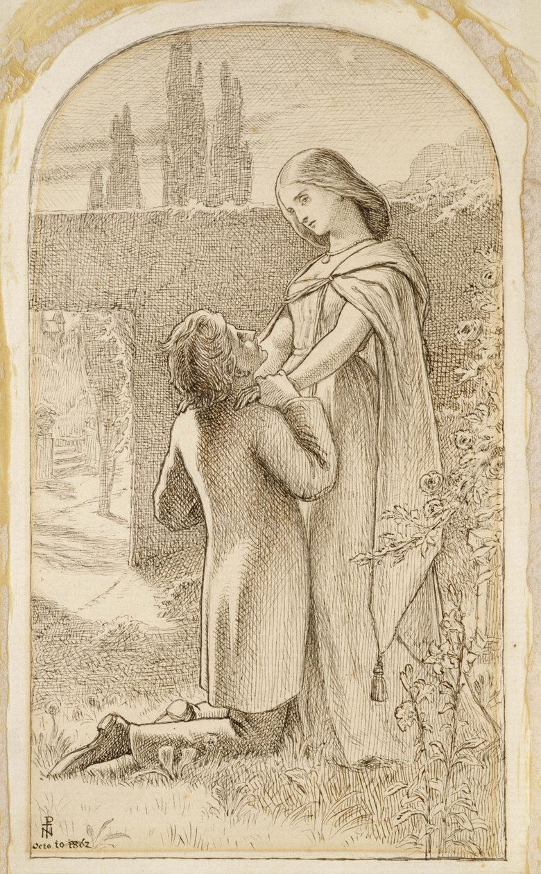 Dois amantes em um jardim iluminado pelas estrelas, 1862 (caneta e tinta marrom escuro em papel) de Joseph Noel Paton