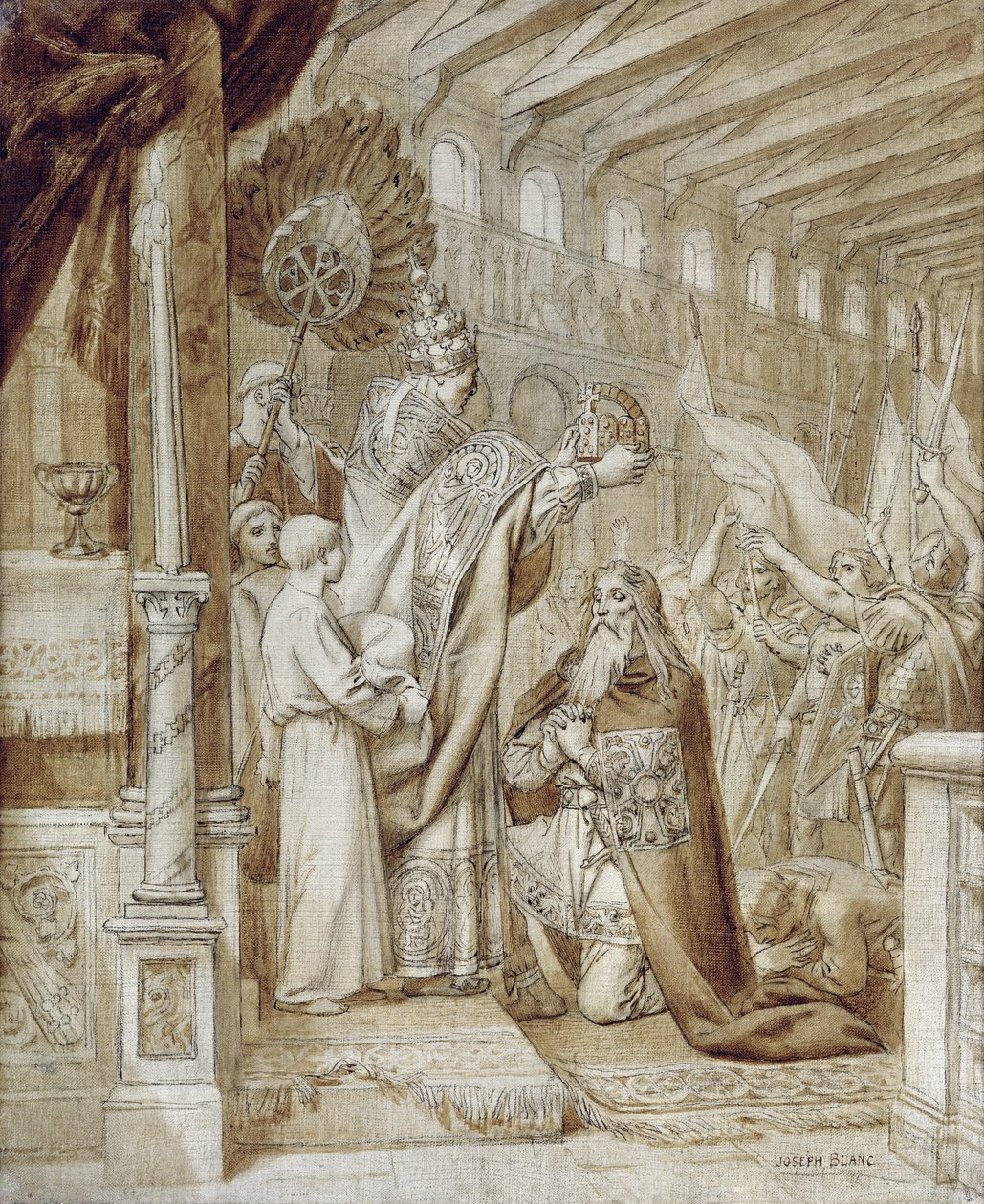Coroação de Carlos Magno (742-814) (caneta e tinta sobre tela) de Joseph Paul Blanc