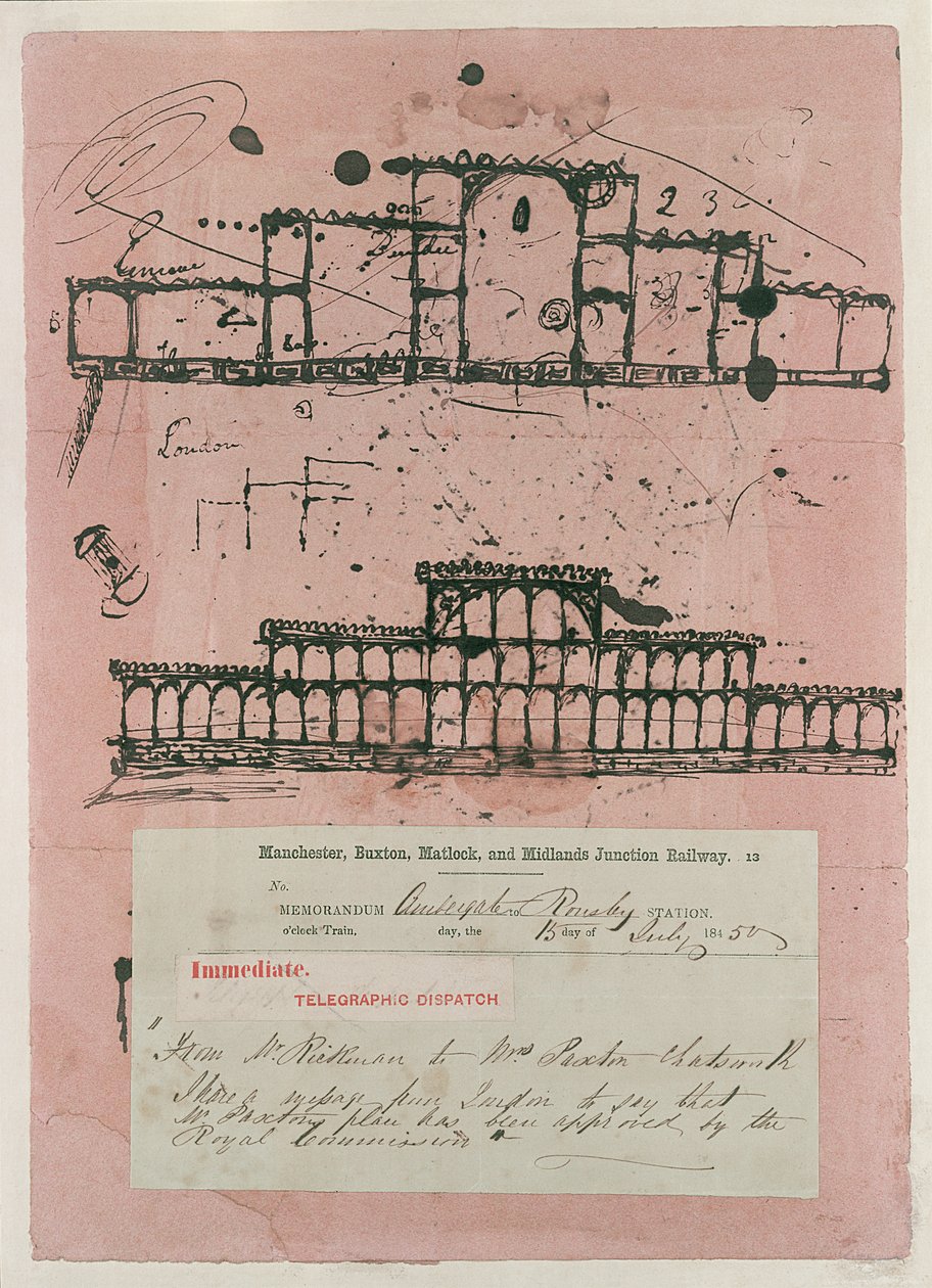 Grande Exposição, 1851: primeiro esboço para o edifício, 1850 (tinta sobre papel absorvente) de Joseph Paxton