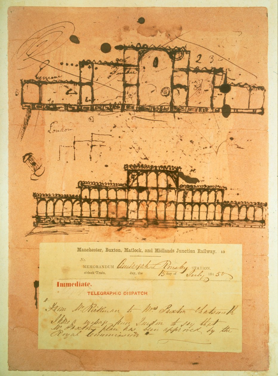 Esboço para o Palácio de Cristal, construído para a Grande Exposição de 1851, 1850 (tinta sobre papel absorvente) de Joseph Paxton
