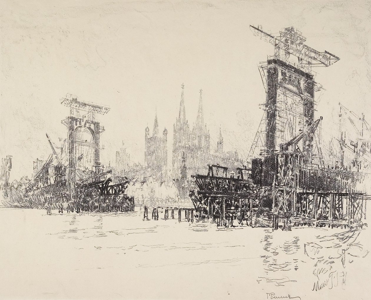 Construindo a ponte em Colônia, 1914 de Joseph Pennell