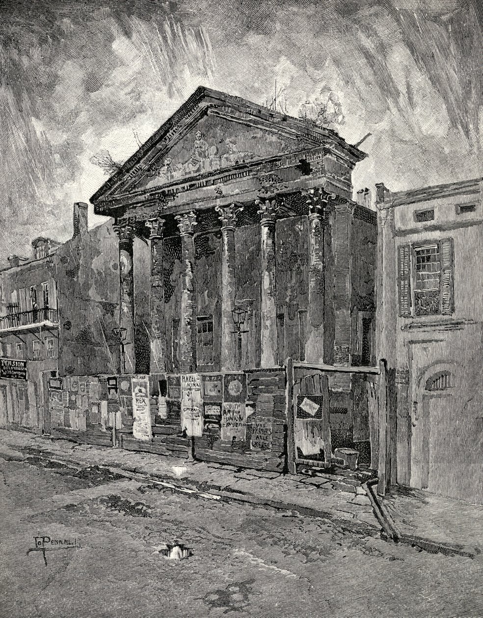 O banco velho na rua de Toulouse, Nova Orleães, de "a revista mensal ilustrada século", maio a outubro, 1883 de Joseph Pennell