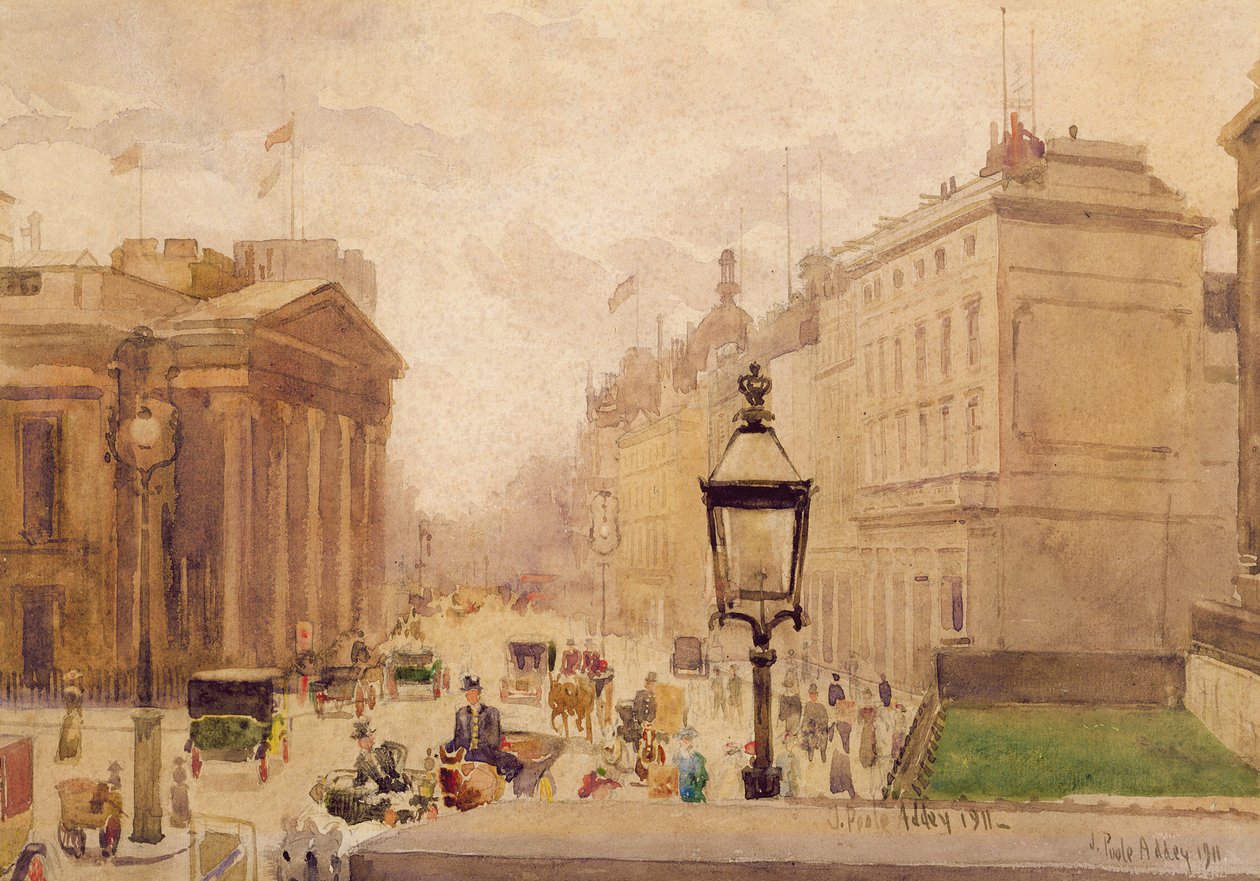 Pall Mall da National Gallery, com vista para o Royal College of Physicians, 1911 (wc sobre lápis sobre papel) de Joseph Poole Addey