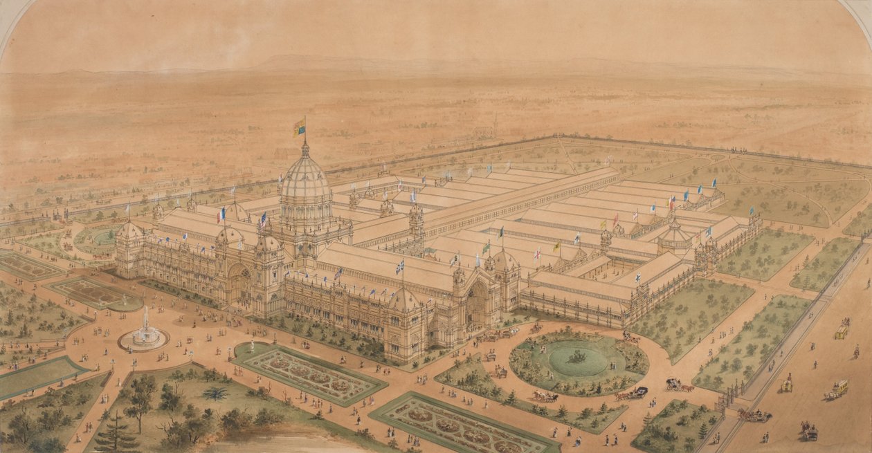 O edifício da exposição Melbourne 1880, do sudeste mostrando o salão principal de Joseph Reed