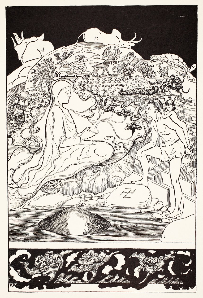 Pau Amma, o Caranguejo, fugindo enquanto o Mago Mais Velho estava conversando com o Homem e sua Filha Pequena, ilustração de "Só Tão Histórias para Crianças Pequenas", de Rudyard Kipling, pub. Londres, 1 de Joseph Rudyard Kipling
