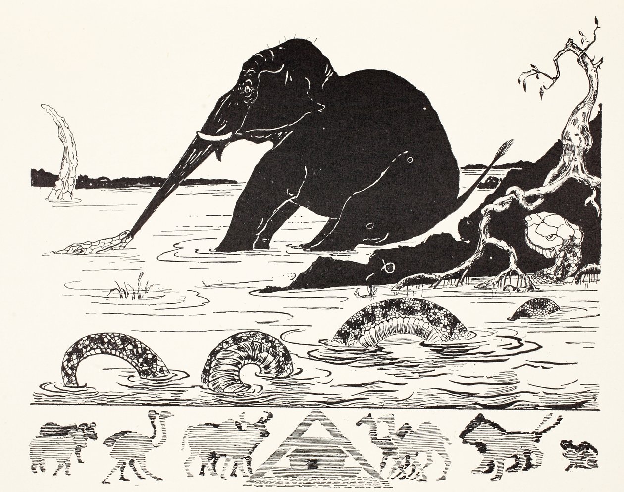 A criança do elefante que tem seu nariz puxou pelo crocodilo, ilustração de "apenas assim histórias para crianças pequenas" por Rudyard Kipling, bar. Londres, 1951 de Joseph Rudyard Kipling
