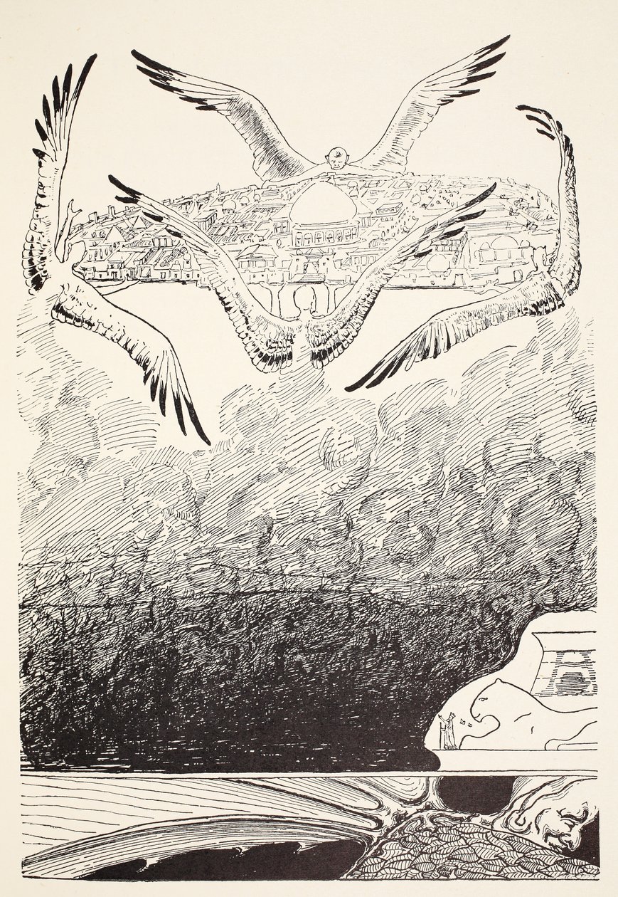 Os quatro Djinns de asas de gaivota erguendo o palácio de Suleiman-bin-Daoud no minuto seguinte ao da estampa de Butterfly, ilustração de "Just So Stories for Little Children", de Rudyard Kipling, pub. Lon de Joseph Rudyard Kipling