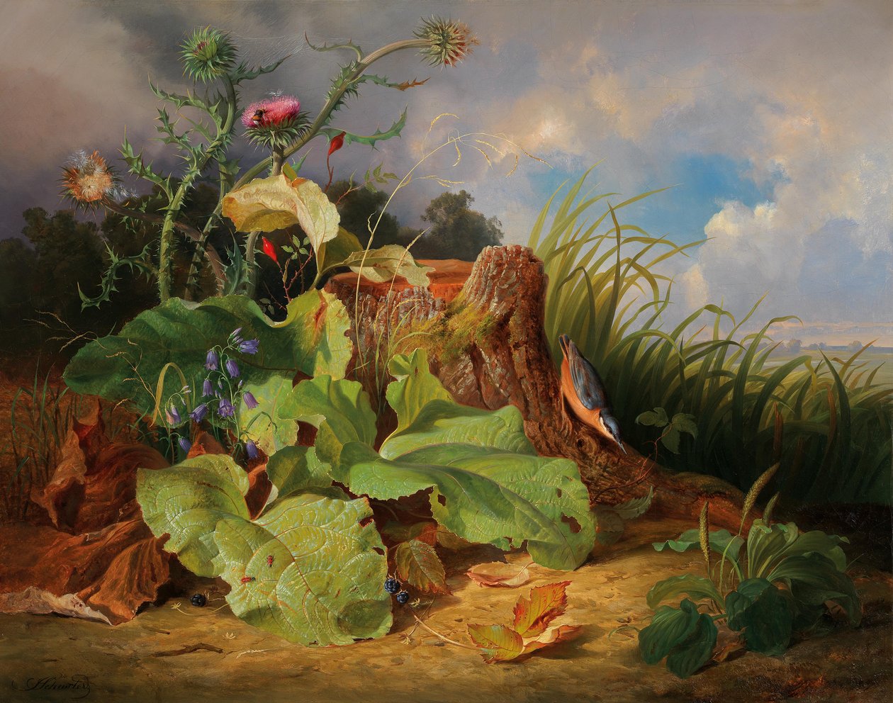 Natureza morta com cardos, jacintos, roseira e um pica-pau de Joseph Schuster