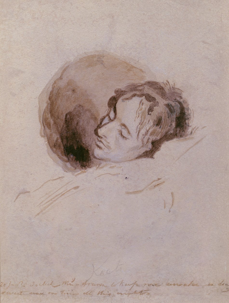 Keats em sua cama da morte, 1821 (tinta no papel) de Joseph Severn
