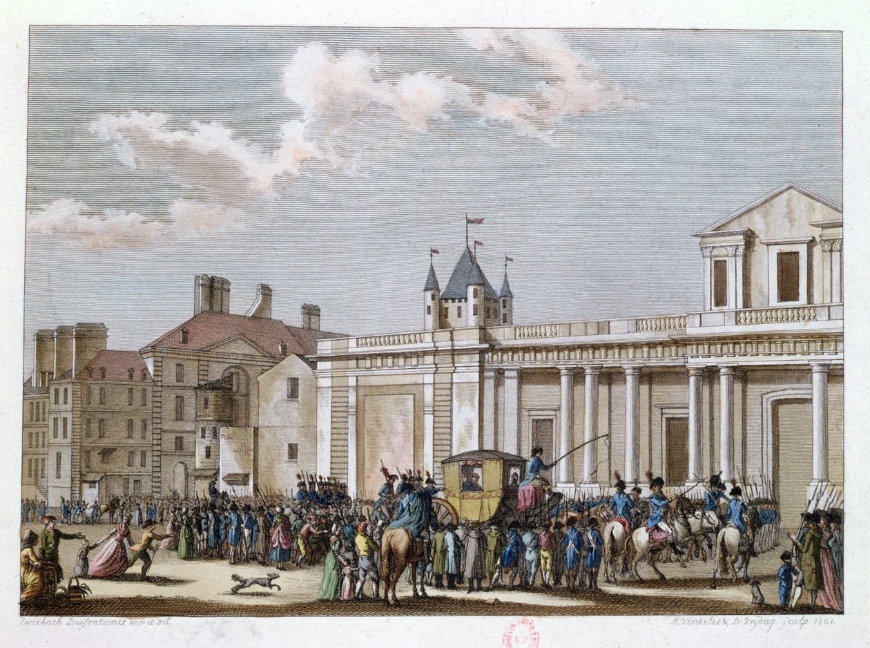 Luís XVI (1754-93) e sua família levados ao templo em 13 de agosto de 1792, gravados por Reinier Vinkeles (1741-1816) e Daniel Vrydag (1765-1822) 1801 de Joseph Swebach Desfontaines