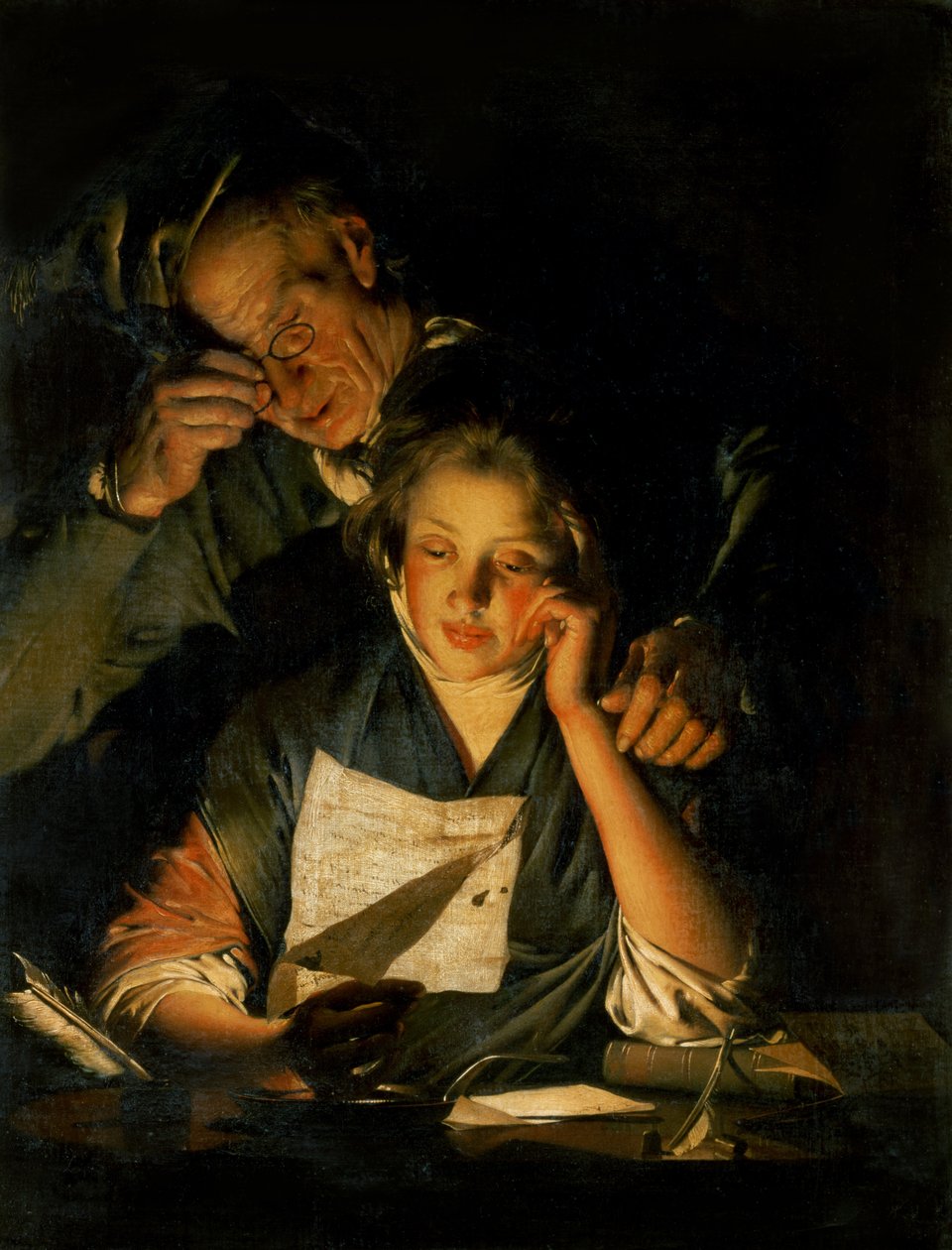 Uma menina lendo uma carta, com um velho lendo sobre seu ombro, c.1767-70 de Joseph Wright of Derby