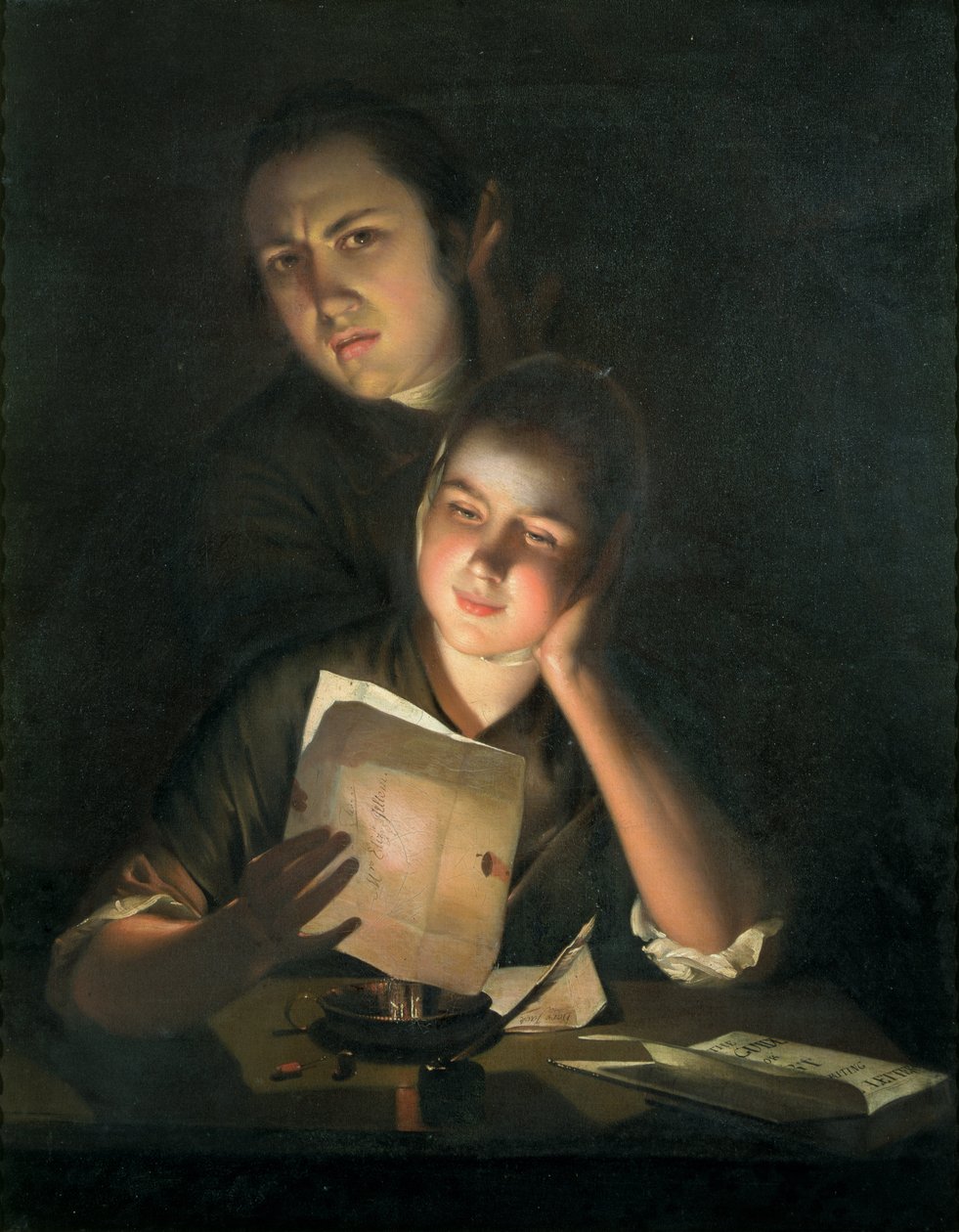 Uma menina lendo uma carta à luz de velas, com um jovem olhando por cima do ombro, c.1760-2 de Joseph Wright of Derby