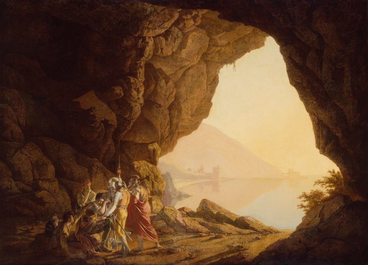 Gruta à beira-mar no Reino de Nápoles com Banditti, pôr do sol de Joseph Wright of Derby