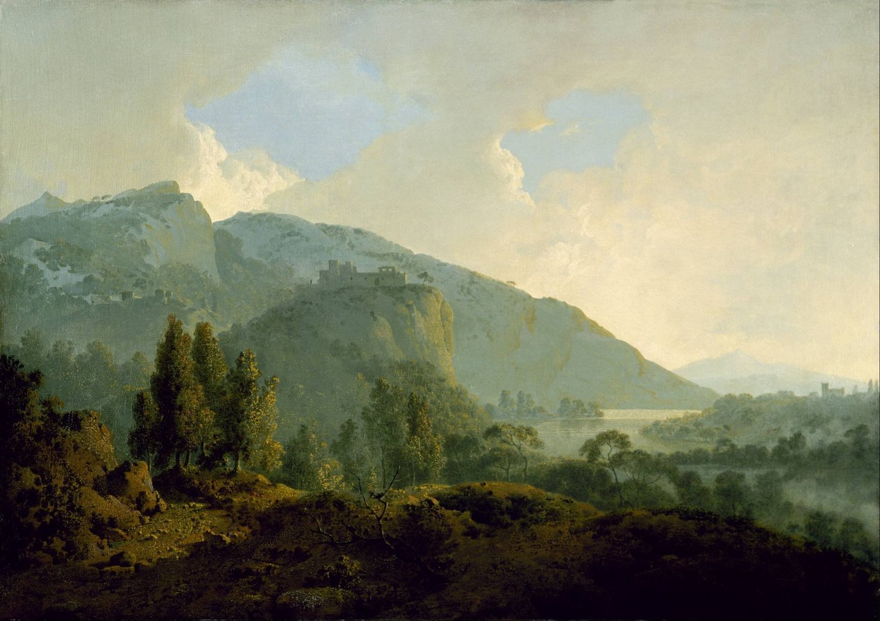 Paisagem italiana com montanhas e um rio de Joseph Wright of Derby