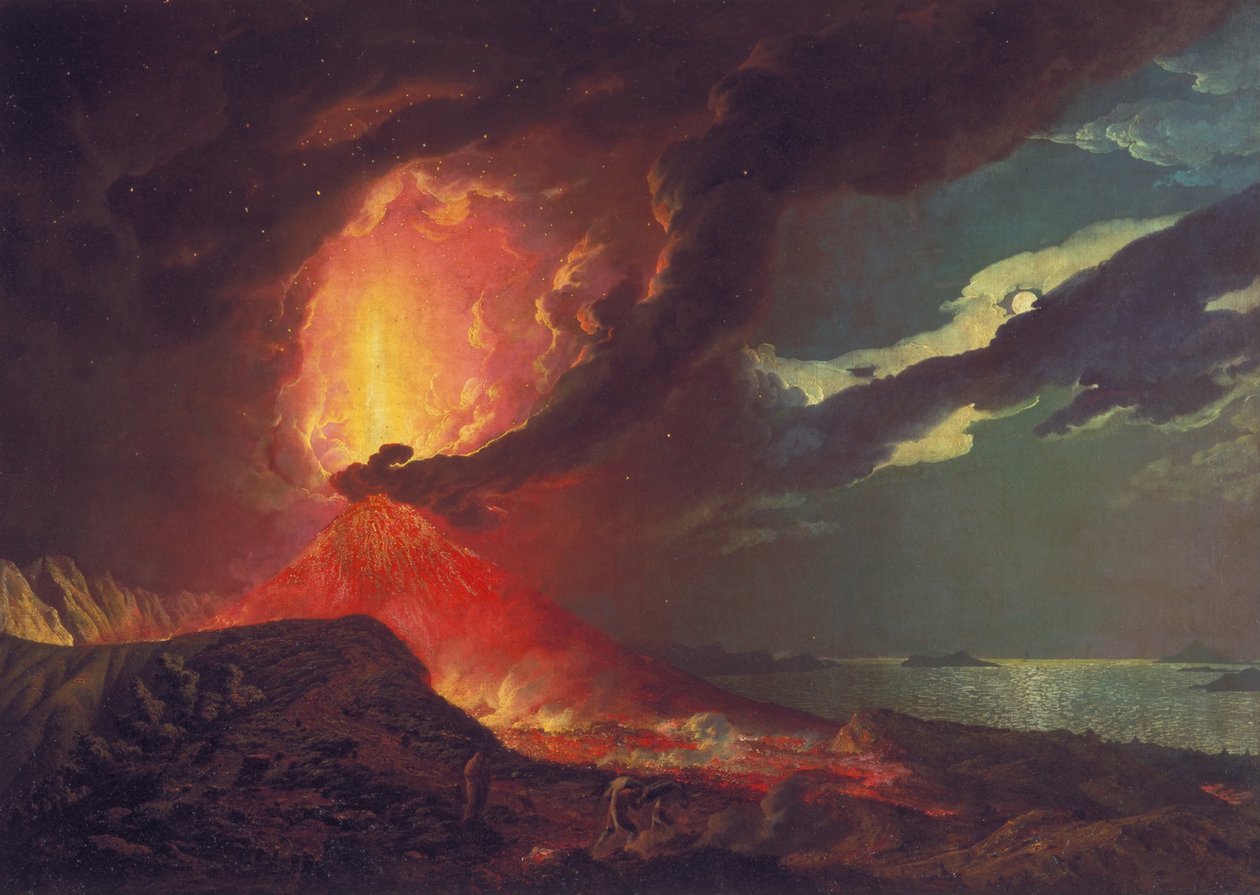 Vesúvio em erupção, com uma vista sobre as ilhas na Baía de Nápoles de Joseph Wright of Derby