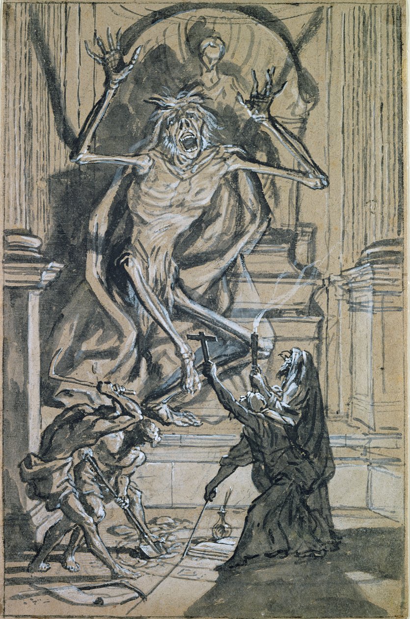 Quatro Ladrões de Túmulos despertam um Fantasma (caneta e tinta da Índia e são lavados no papel) de Joseph Werner