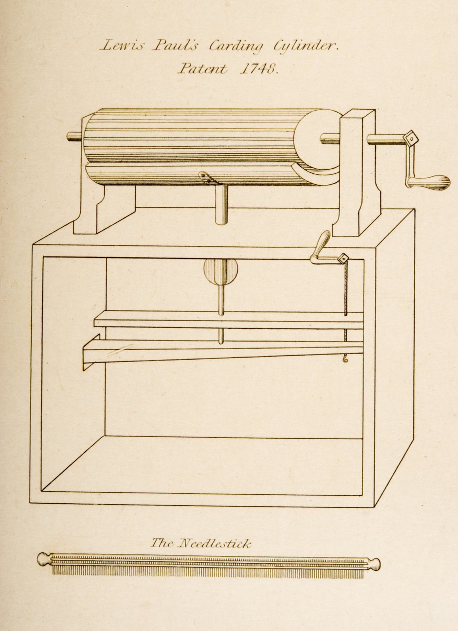 Desenho do Cilindro Cardoso de Lewis Paul, patenteado em 1748, c.1830 (litografia) de Joseph Wilson Lowry