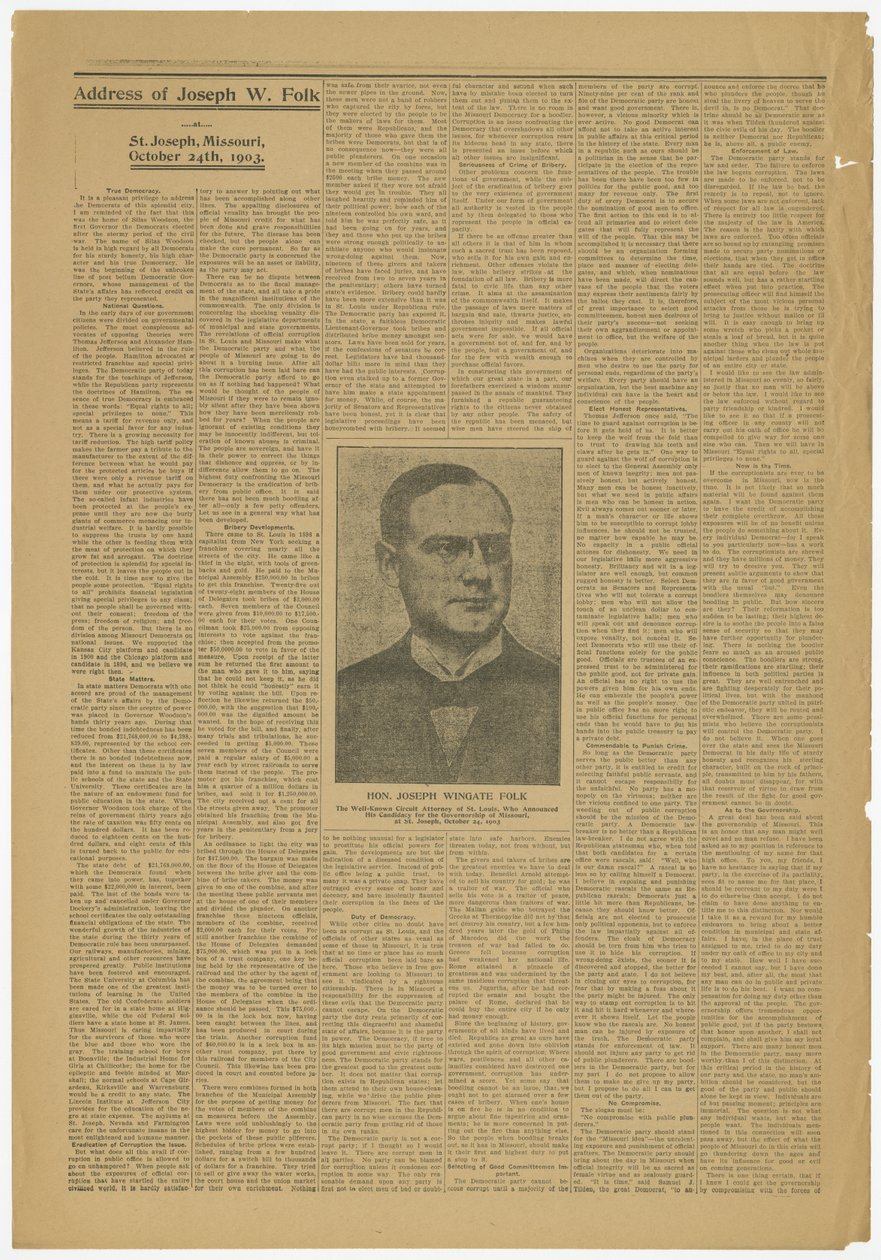 Palavras de Joseph W. Folk, St. Joseph, Mo., candidato a governador do Missouri, 24 de outubro de 1903 de Joseph Wingate Folk
