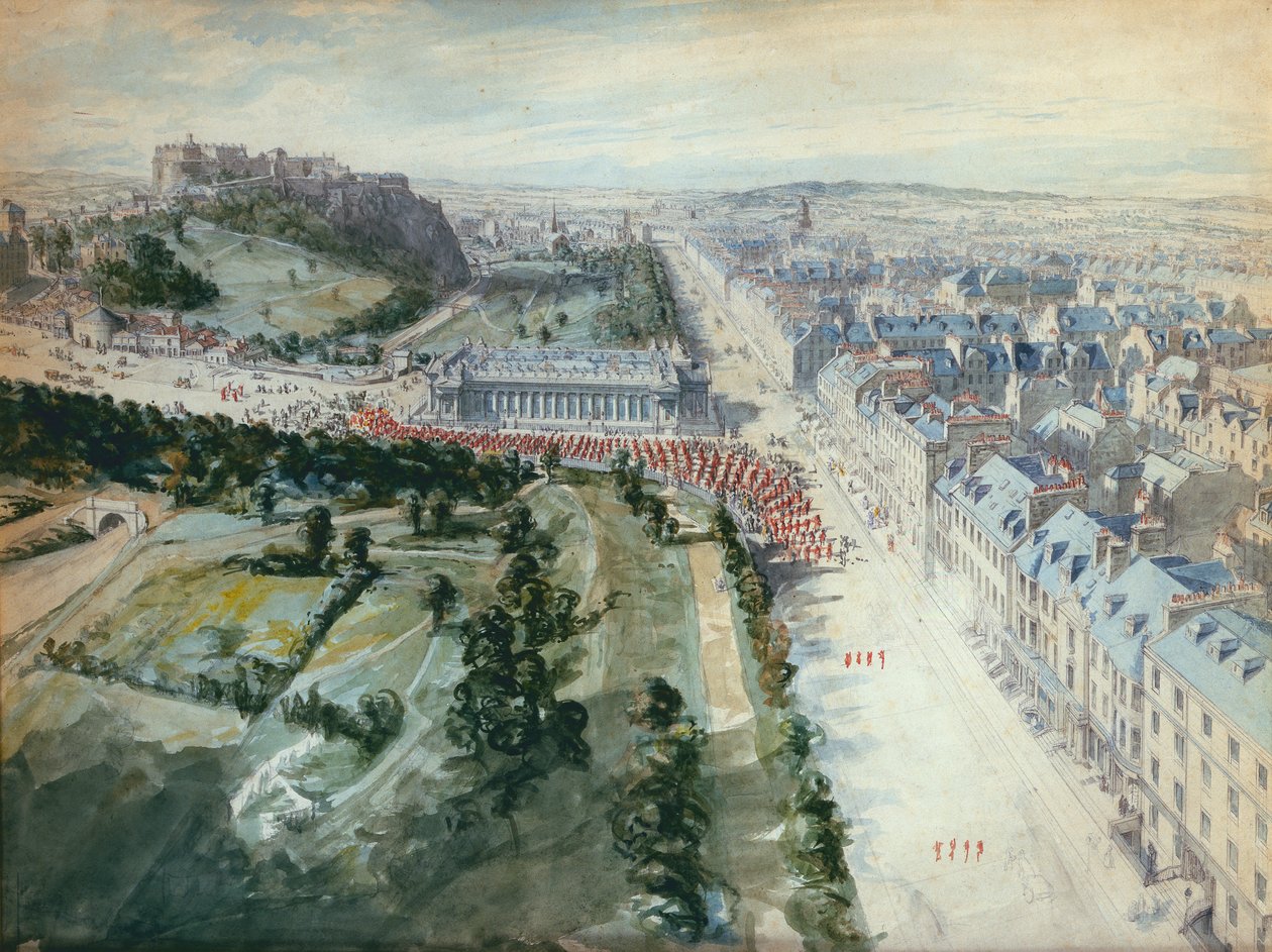 Princes Street, Edimburgo Olhando para o oeste, 10h15 de agosto de 1847, mostrando o desfile, a oeste da instituição (wc) de Joseph Woodfall Ebsworth
