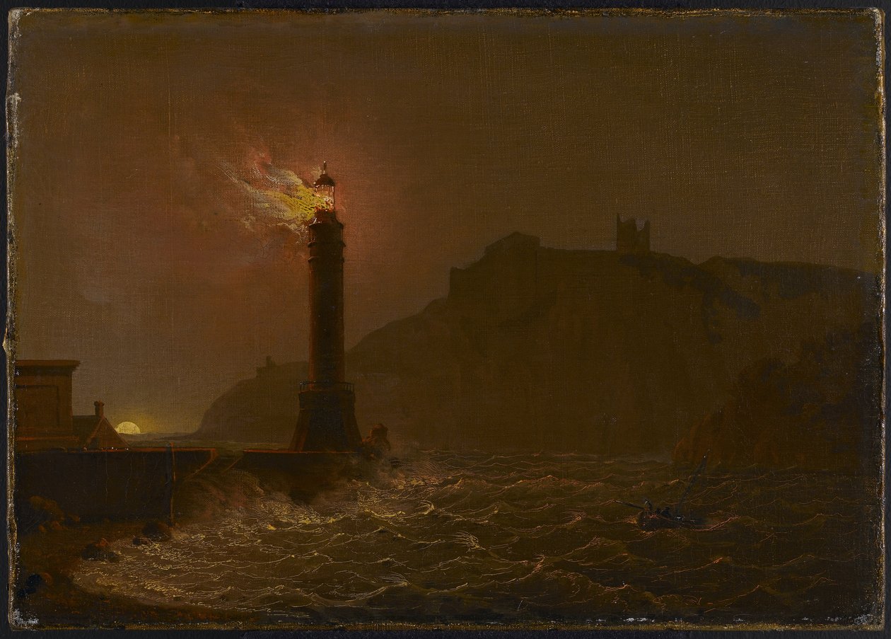 Um farol em chamas à noite de Joseph Wright of Derby